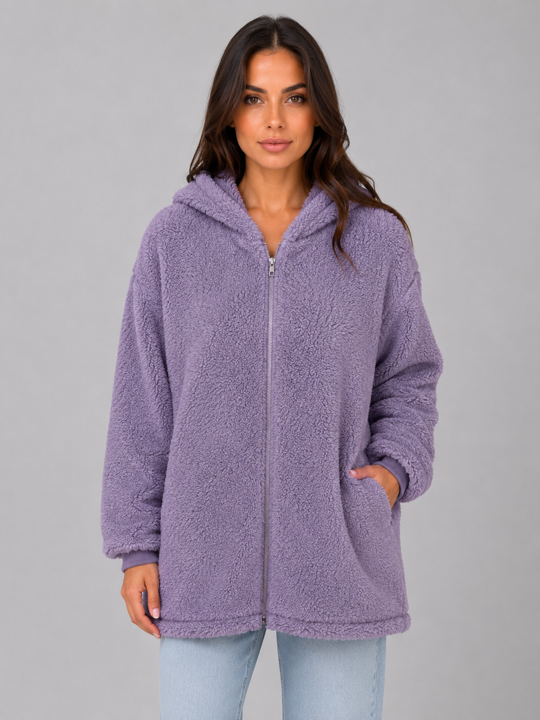 Hooded Teddy Cardigan with Pockets – Longline Zip Plush Jacket