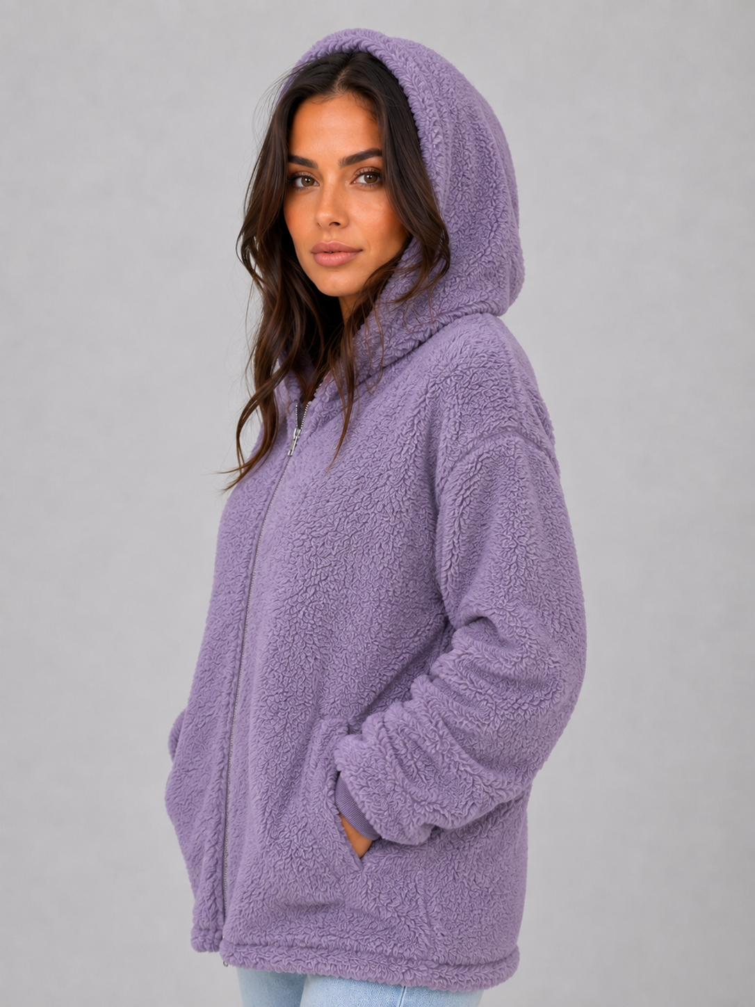 Hooded Teddy Cardigan with Pockets – Longline Zip Plush Jacket