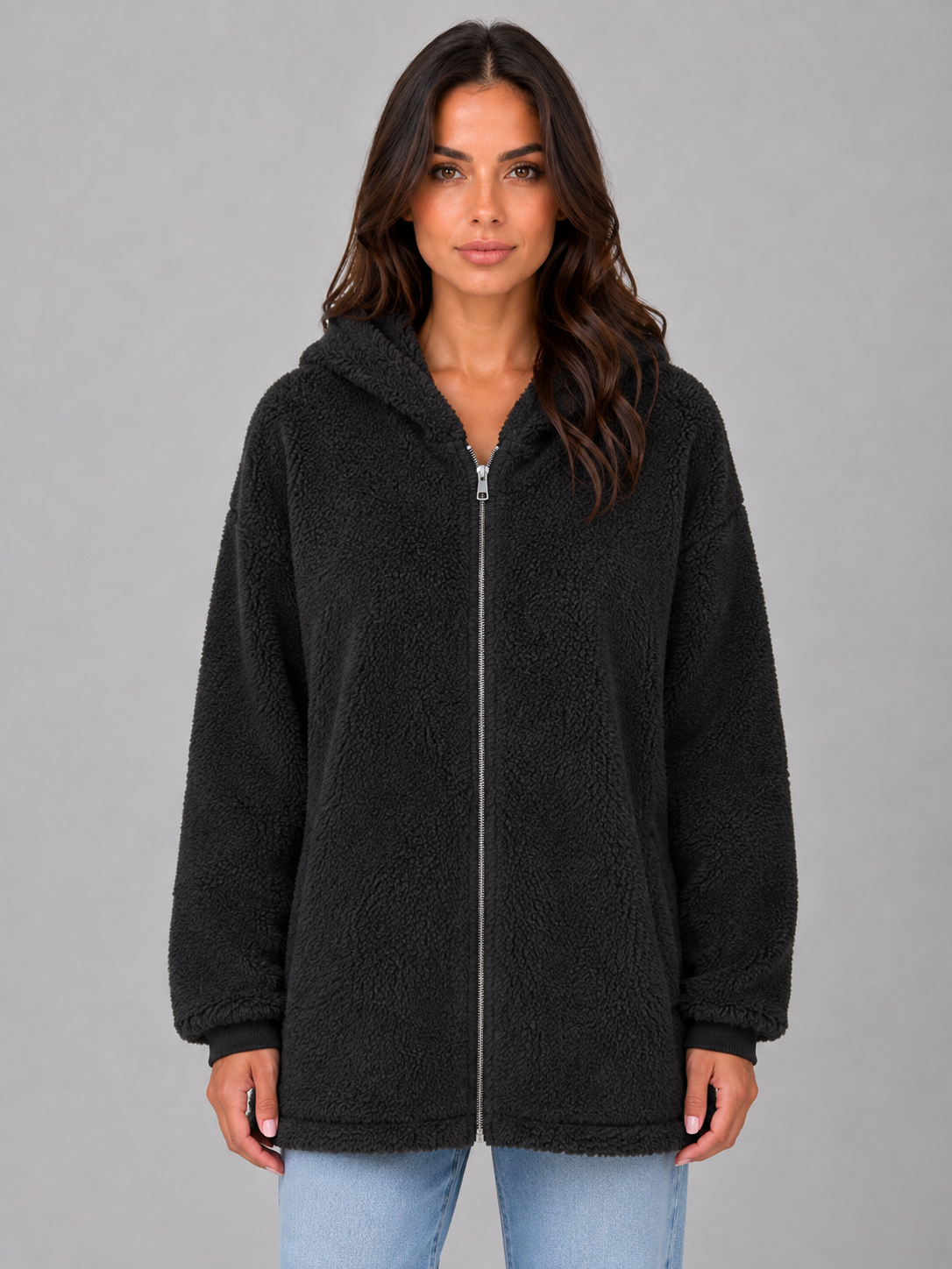 Hooded Teddy Cardigan with Pockets – Longline Zip Plush Jacket