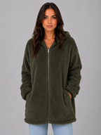 Hooded Teddy Cardigan with Pockets – Longline Zip Plush Jacket