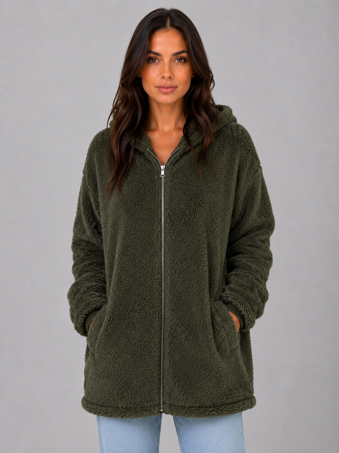 Hooded Teddy Cardigan with Pockets – Longline Zip Plush Jacket