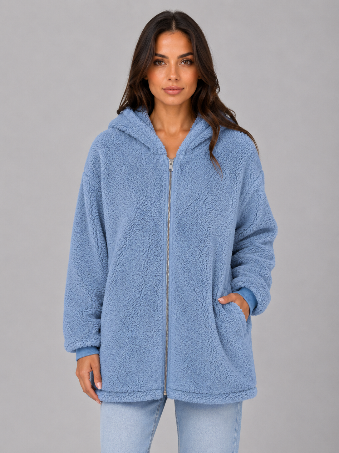 Hooded Teddy Cardigan with Pockets – Longline Zip Plush Jacket