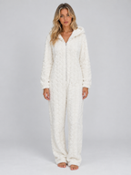 Hooded Teddy Fleece Jumpsuit – Full Zip Fluffy Lounge Onesie