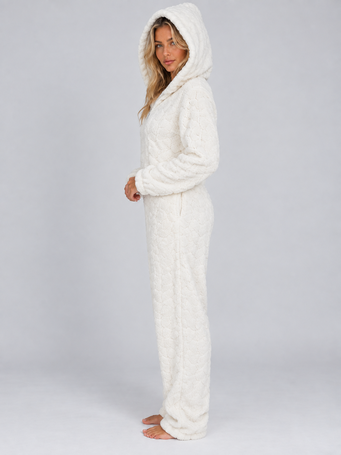 Hooded Teddy Fleece Jumpsuit – Full Zip Fluffy Lounge Onesie