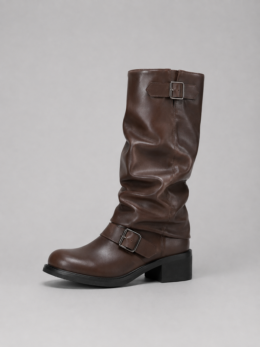 Knee-High Biker Boots – Buckle Detail Low Heel Boots
