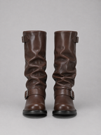 Knee-High Biker Boots – Buckle Detail Low Heel Boots