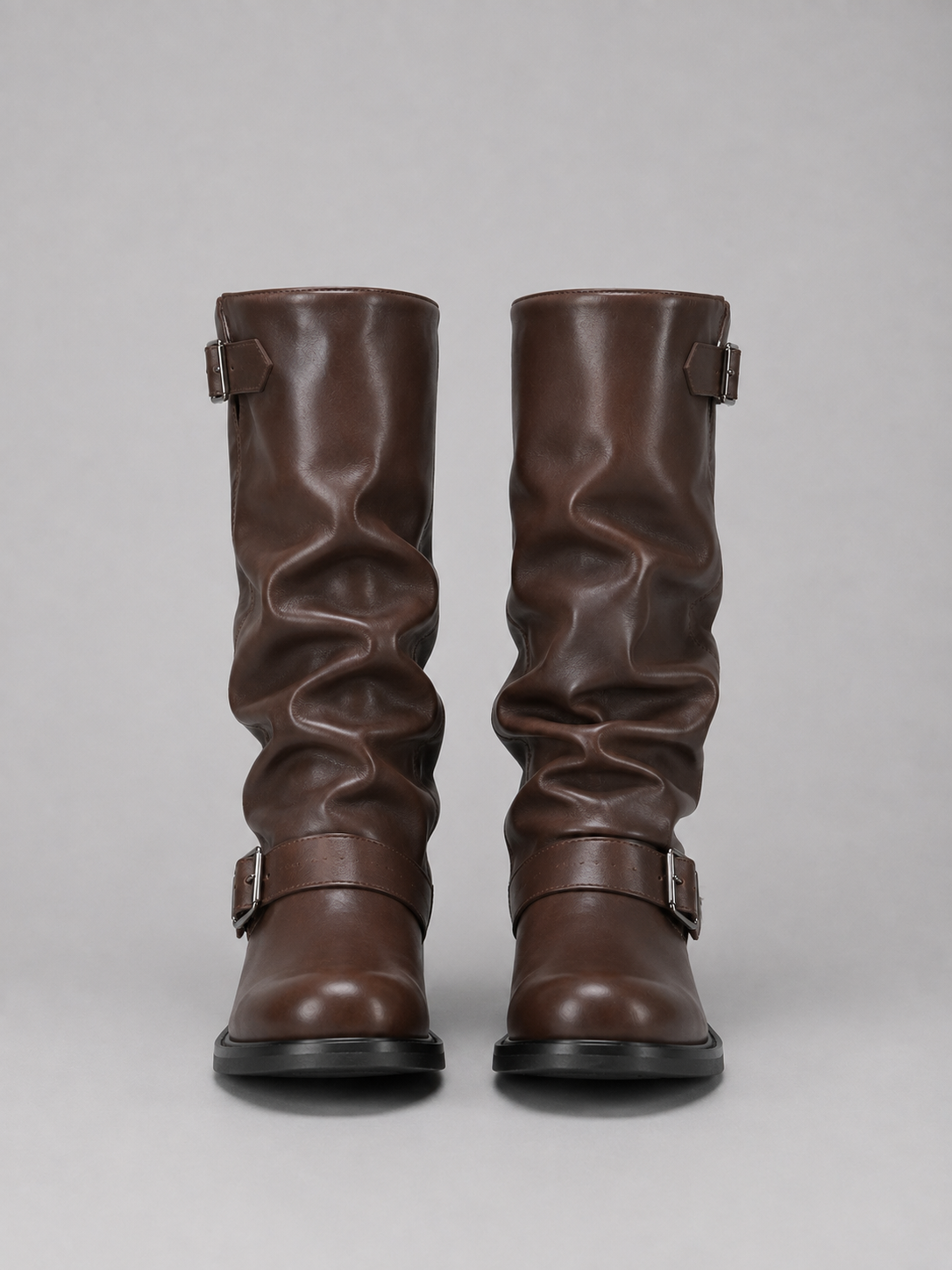 Knee-High Biker Boots – Buckle Detail Low Heel Boots