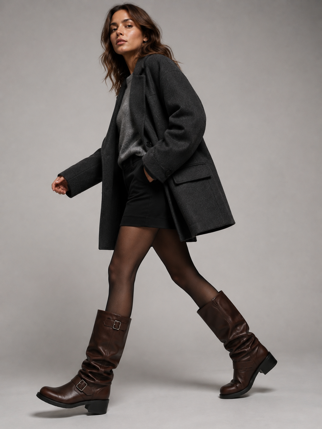 Knee-High Biker Boots – Buckle Detail Low Heel Boots