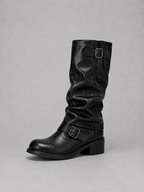 Knee-High Biker Boots – Buckle Detail Low Heel Boots