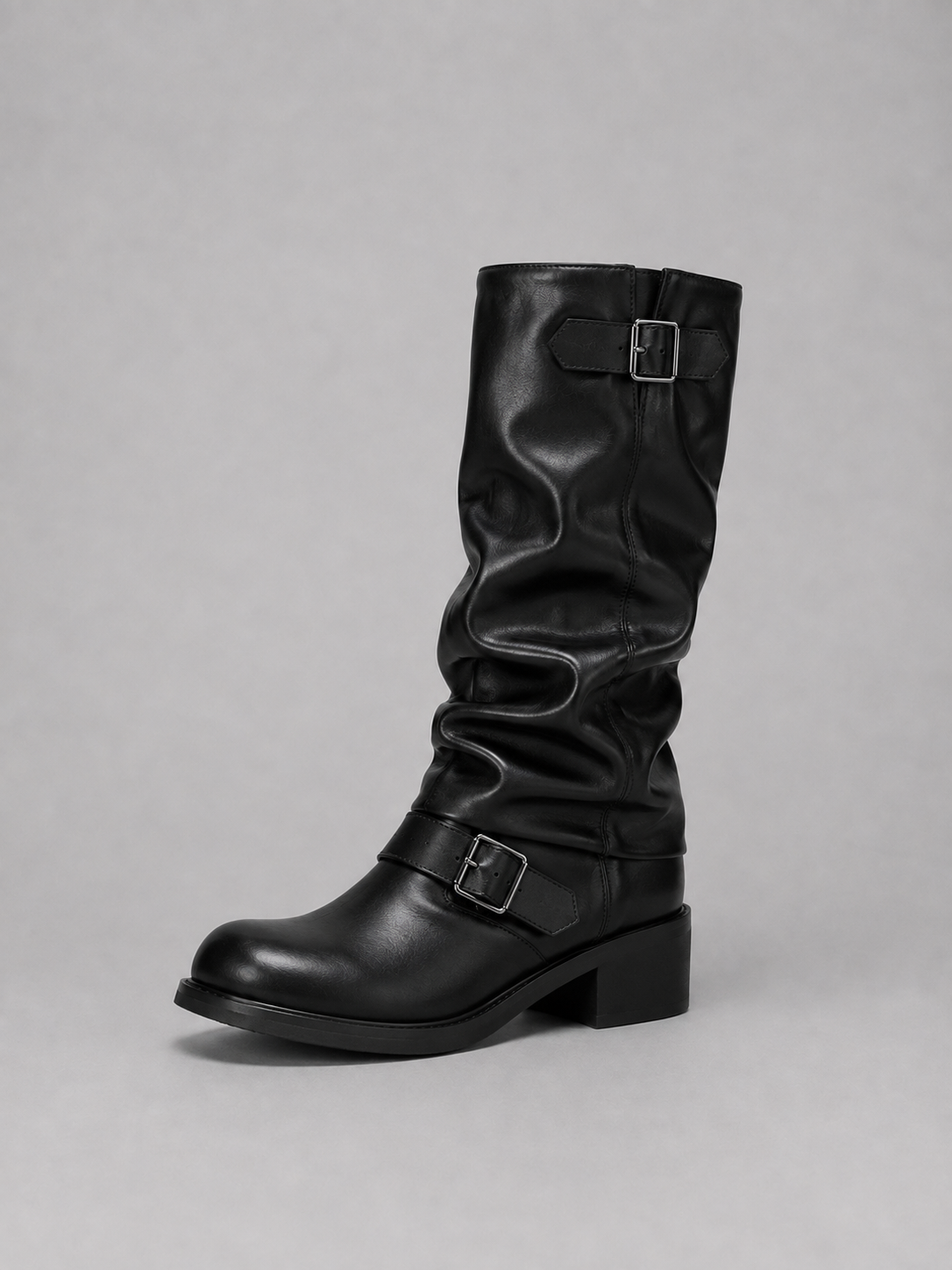 Knee-High Biker Boots – Buckle Detail Low Heel Boots