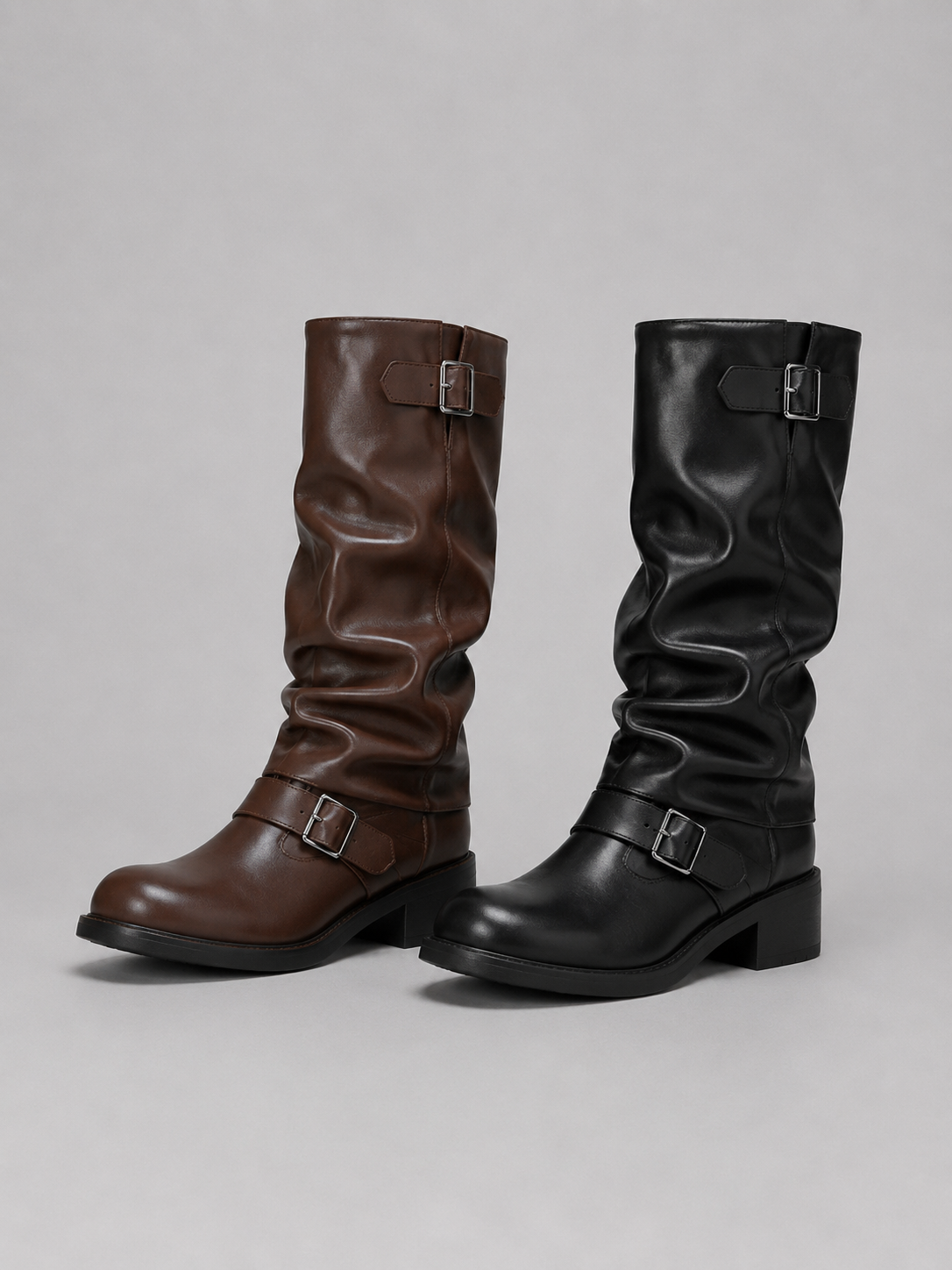 Knee-High Biker Boots – Buckle Detail Low Heel Boots