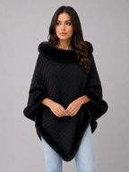 Knitted Cape Coat – Faux Fur Trim Poncho