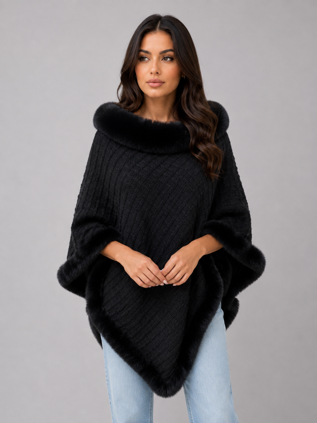 Knitted Cape Coat – Faux Fur Trim Poncho