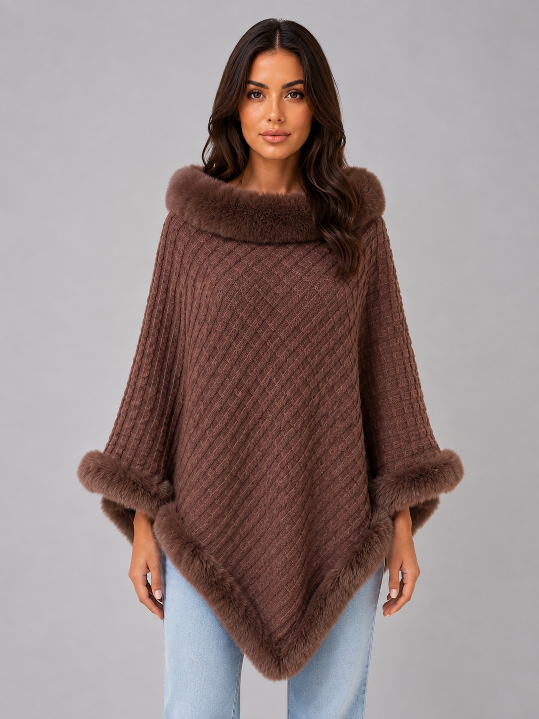 Knitted Cape Coat – Faux Fur Trim Poncho
