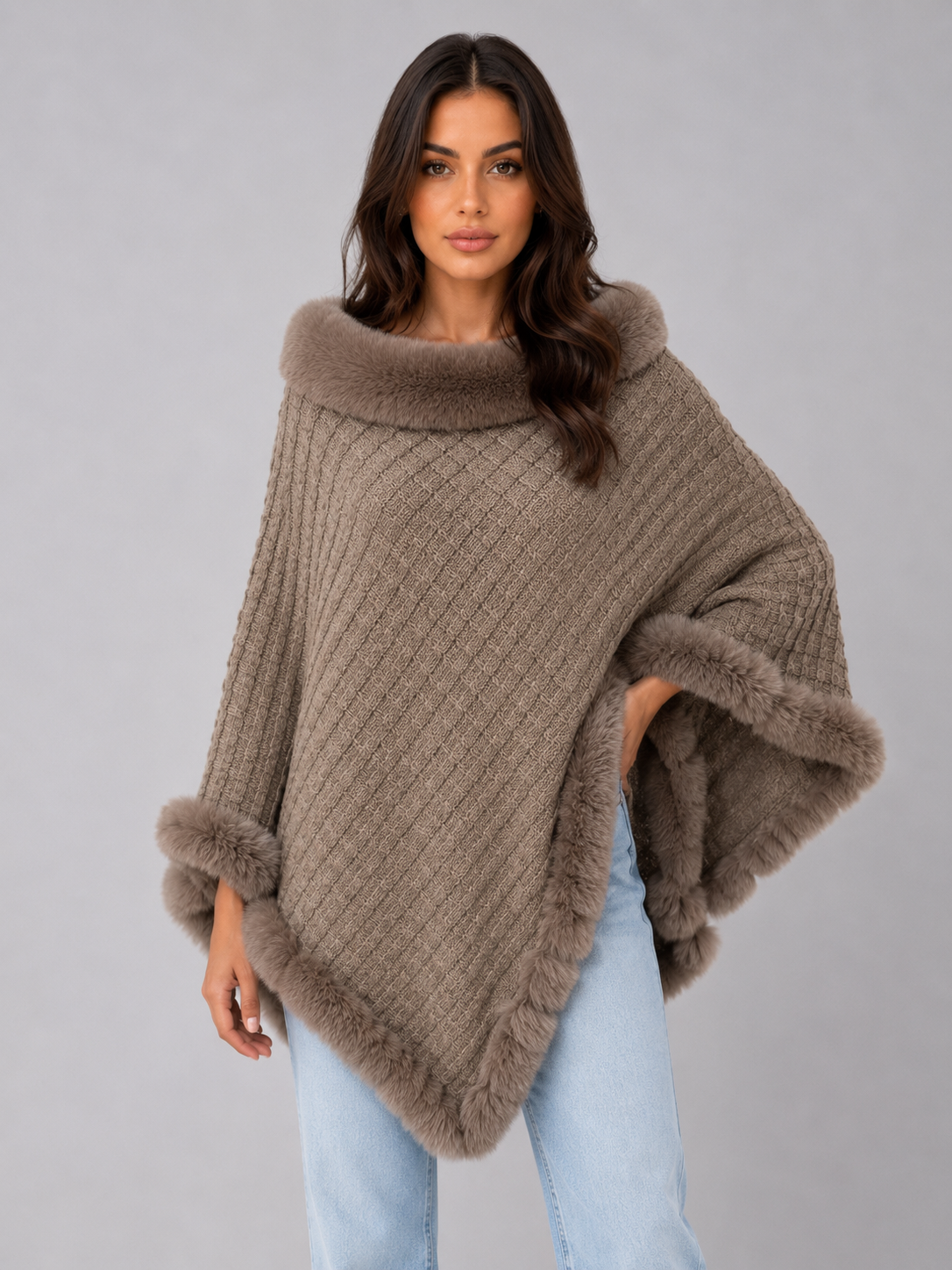 Knitted Cape Coat – Faux Fur Trim Poncho