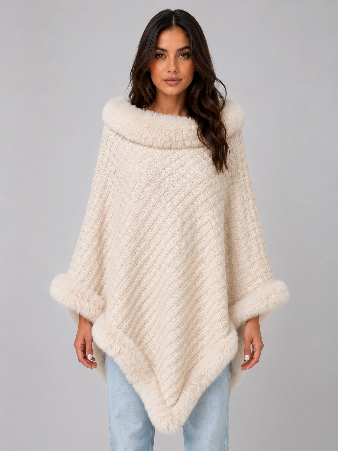 Knitted Cape Coat – Faux Fur Trim Poncho
