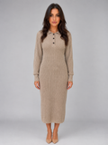 Knitted Jumper Midi Dress – Long Sleeve Polo Button Neck