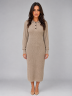 Knitted Jumper Midi Dress – Long Sleeve Polo Button Neck