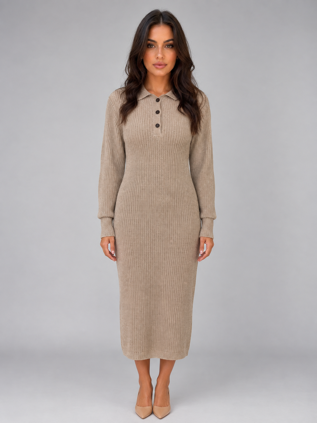 Knitted Jumper Midi Dress – Long Sleeve Polo Button Neck