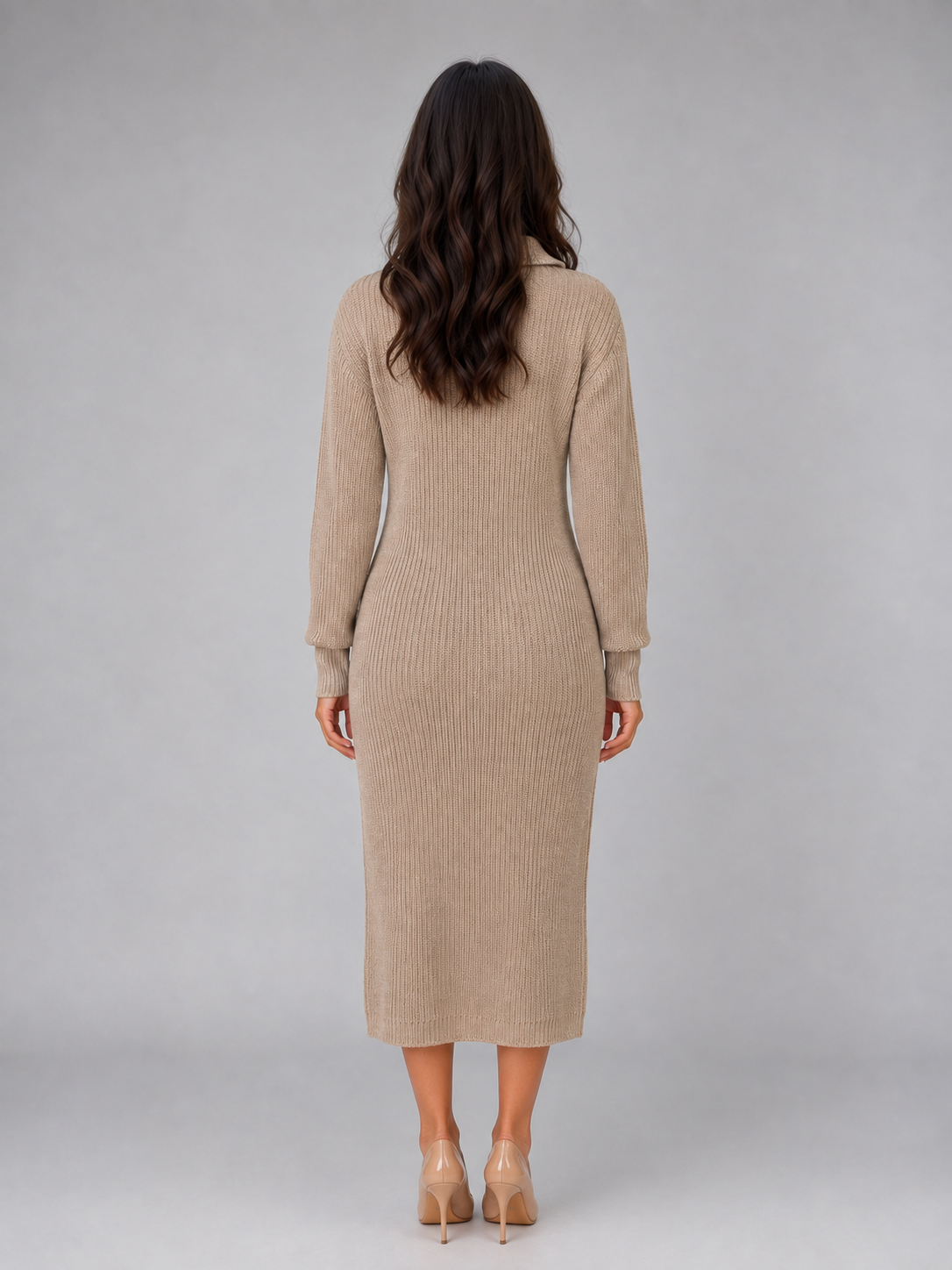 Knitted Jumper Midi Dress – Long Sleeve Polo Button Neck