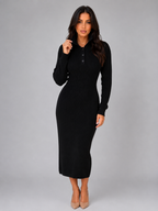Knitted Jumper Midi Dress – Long Sleeve Polo Button Neck