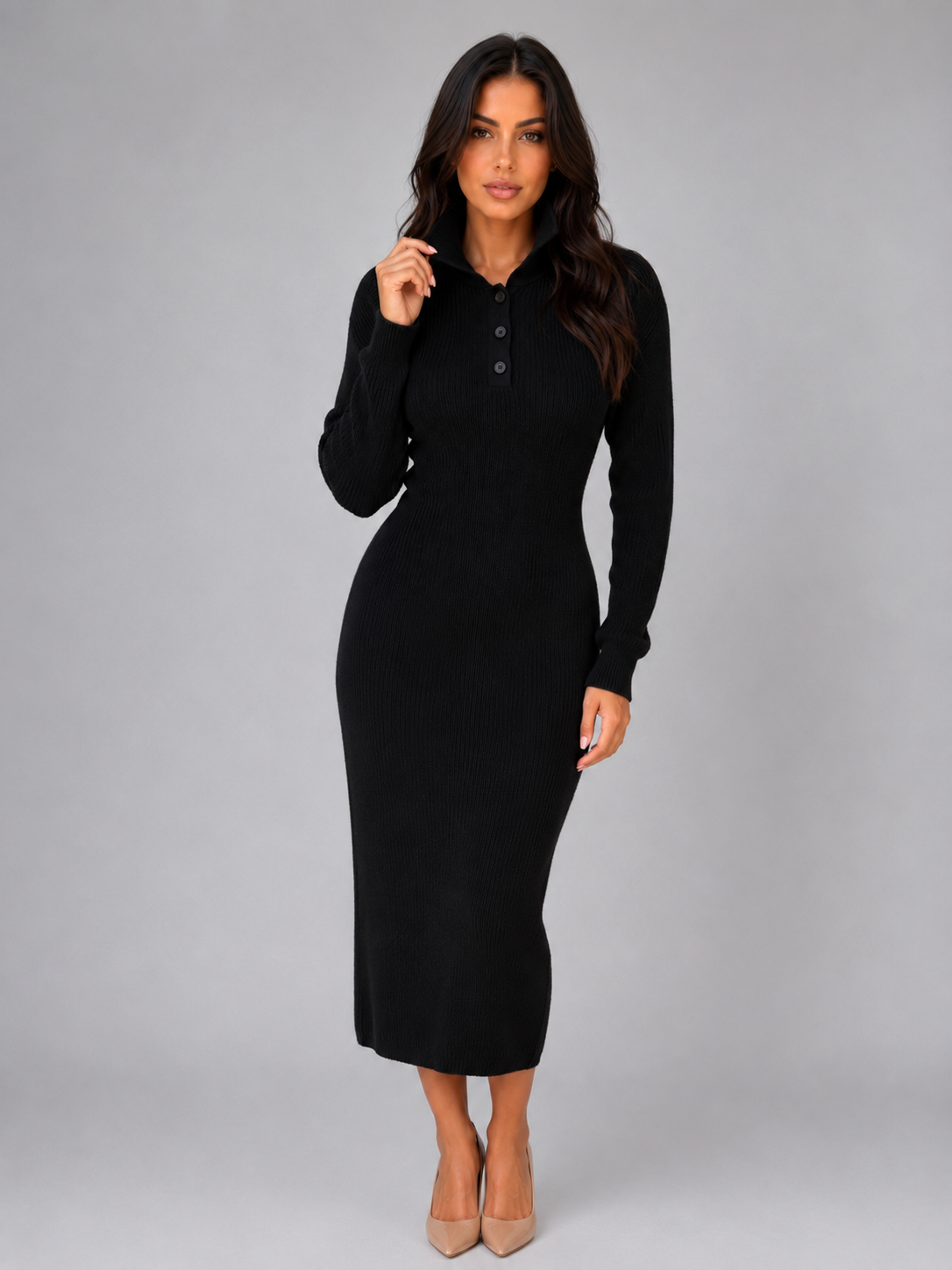 Knitted Jumper Midi Dress – Long Sleeve Polo Button Neck
