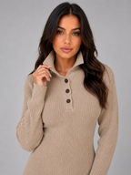 Knitted Jumper Midi Dress – Long Sleeve Polo Button Neck