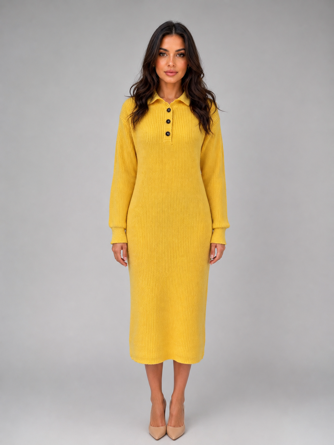 Knitted Jumper Midi Dress – Long Sleeve Polo Button Neck