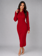 Knitted Jumper Midi Dress – Long Sleeve Polo Button Neck