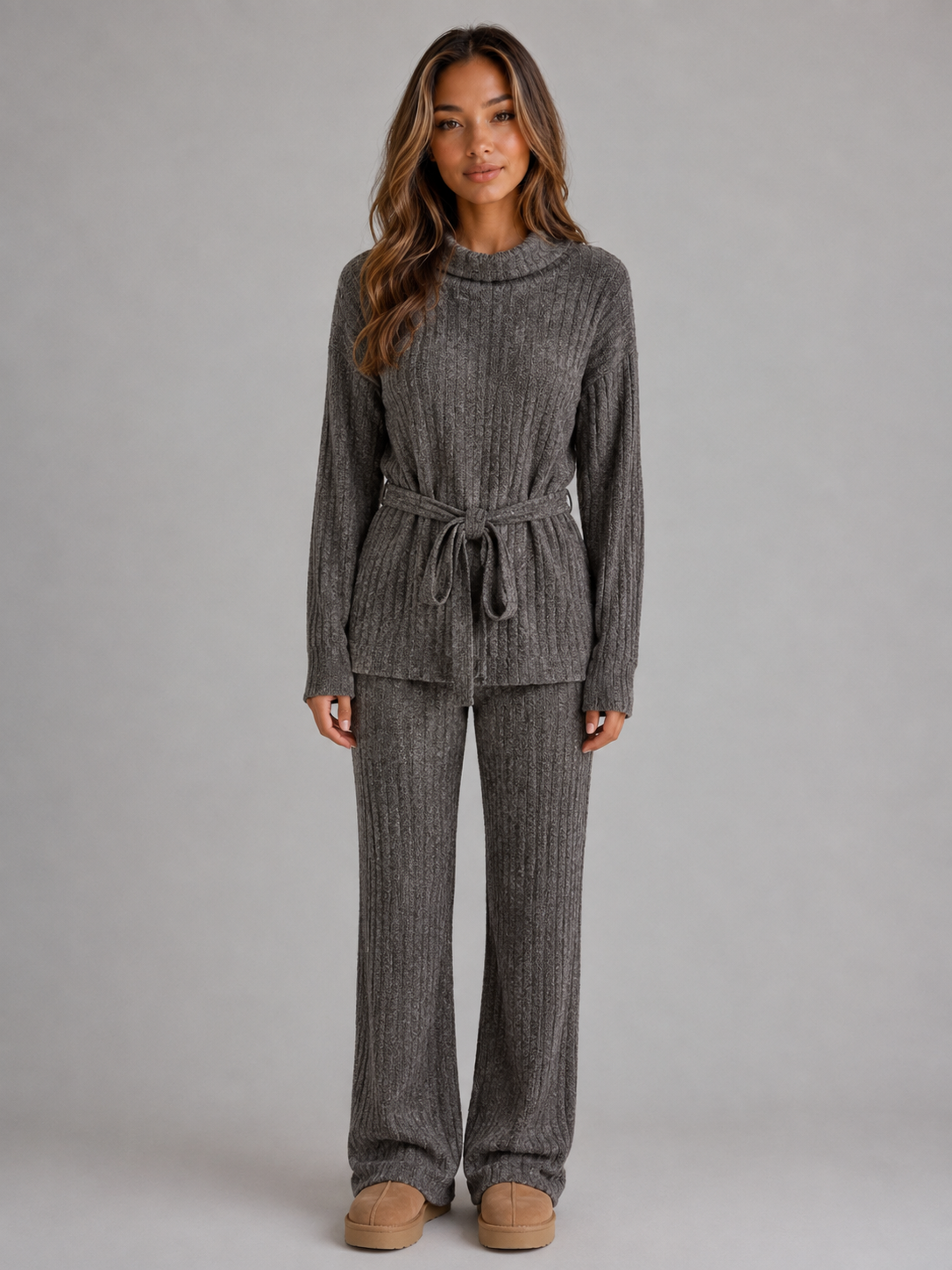 Knitted Two-Piece Set – Roll Neck Jumper & Wide Leg Trousers Outfit