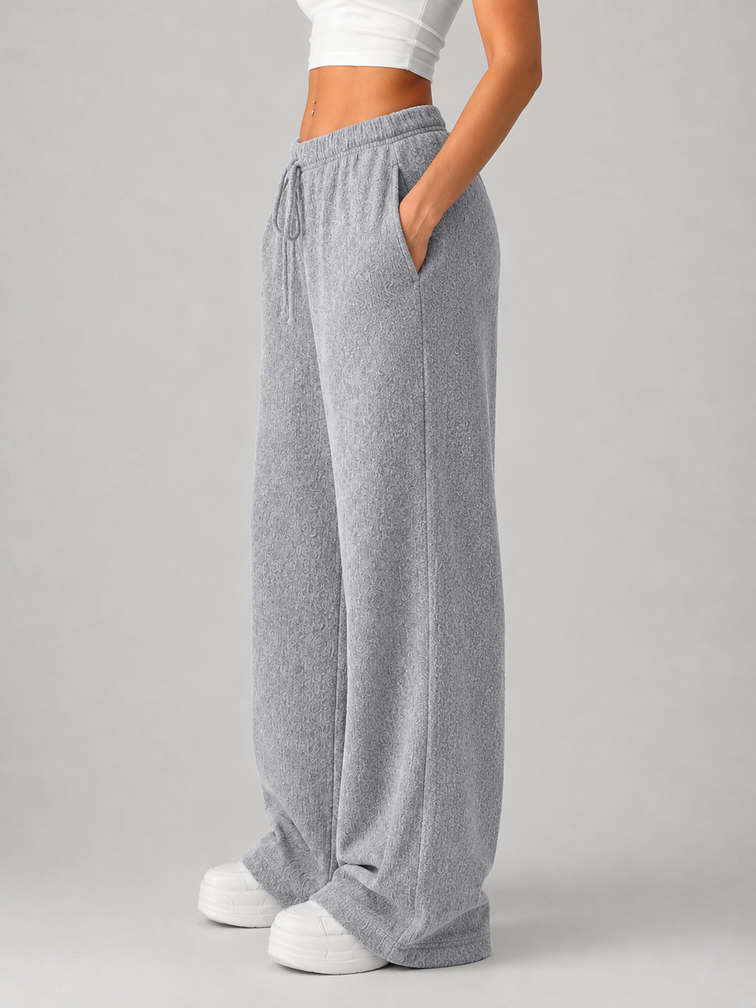 Knitted Wide Leg Trousers – High Waist Drawstring Pants