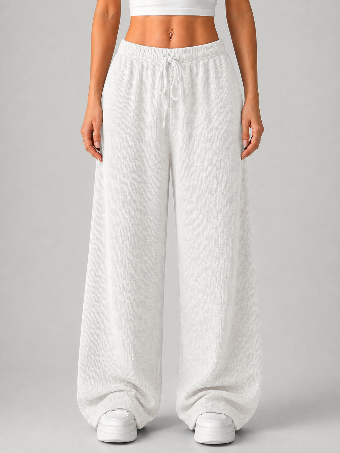 Knitted Wide Leg Trousers – High Waist Drawstring Pants