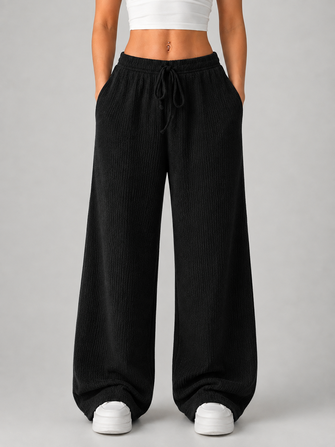 Knitted Wide Leg Trousers – High Waist Drawstring Pants