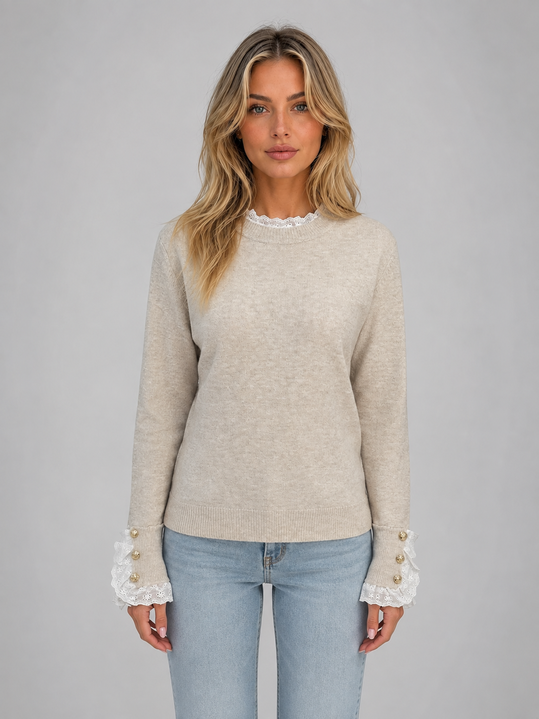 Lace Trim Knitted Jumper – Crew Neck Long Sleeve Top