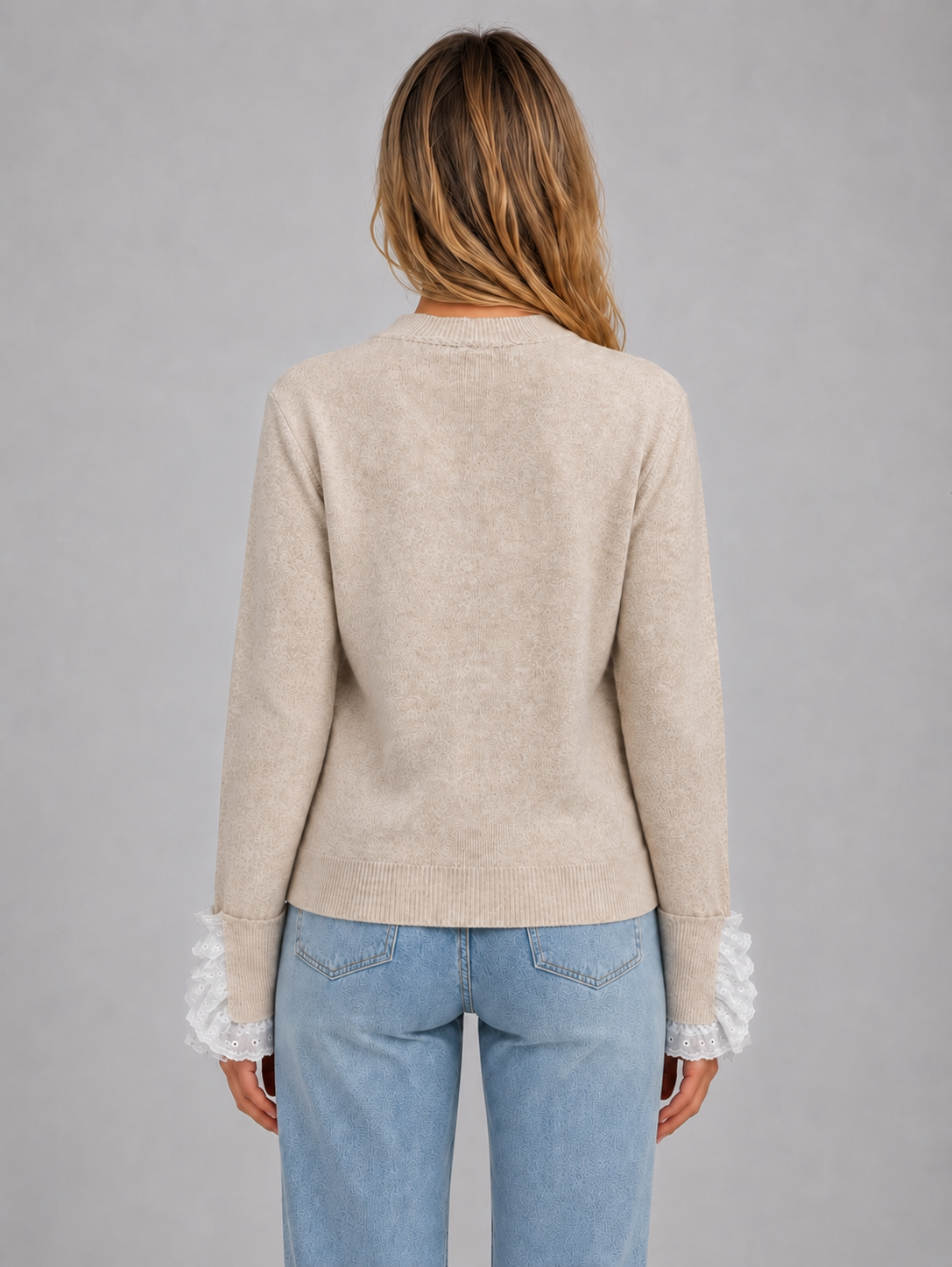 Lace Trim Knitted Jumper – Crew Neck Long Sleeve Top