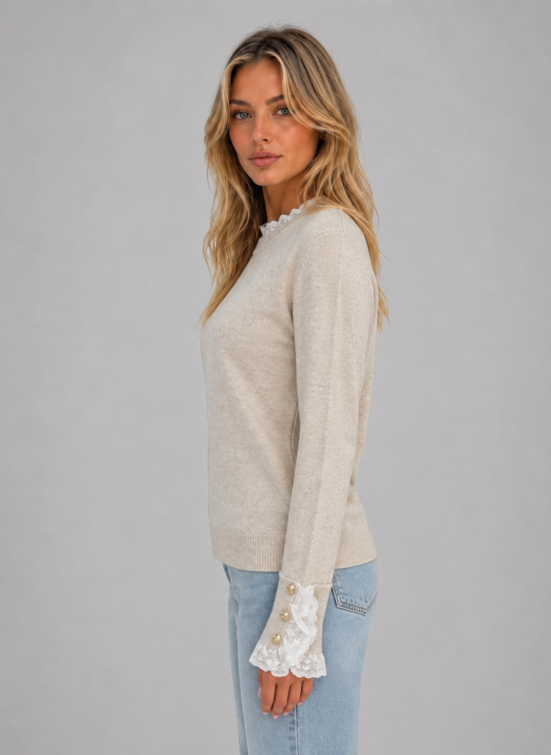 Lace Trim Knitted Jumper – Crew Neck Long Sleeve Top