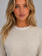 Lace Trim Knitted Jumper – Crew Neck Long Sleeve Top