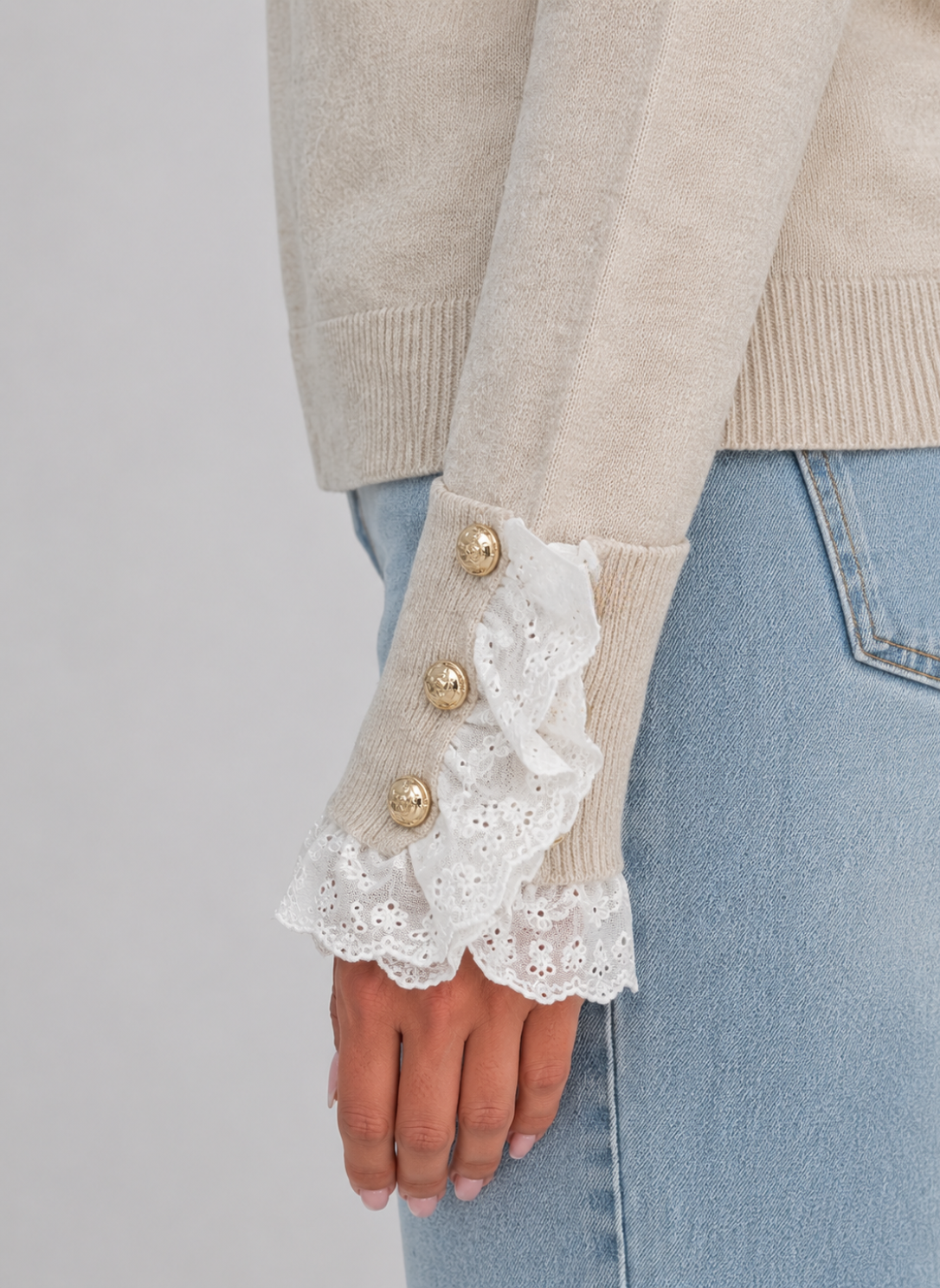 Lace Trim Knitted Jumper – Crew Neck Long Sleeve Top