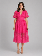Lattice Puff Sleeve Midi Dress