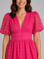 Lattice Puff Sleeve Midi Dress