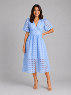 Lattice Puff Sleeve Midi Dress