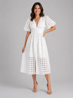 Lattice Puff Sleeve Midi Dress