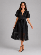 Lattice Puff Sleeve Midi Dress