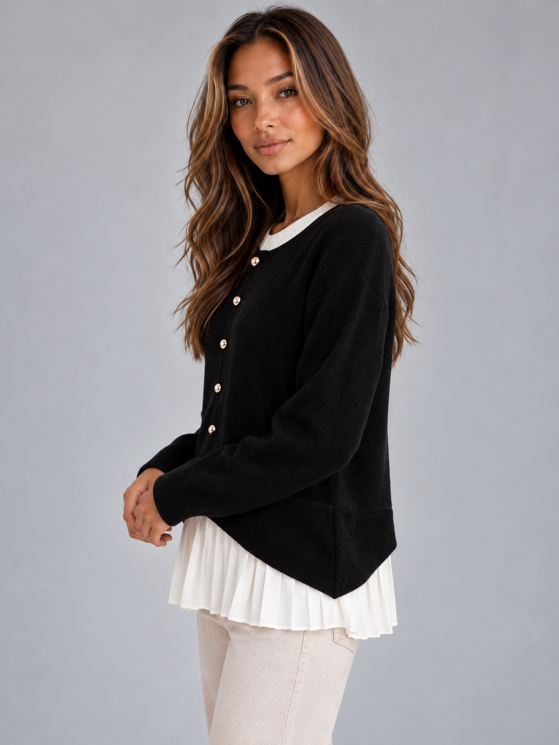 Layered Knit Cardigan – Button Front Pleated Hem Jumper