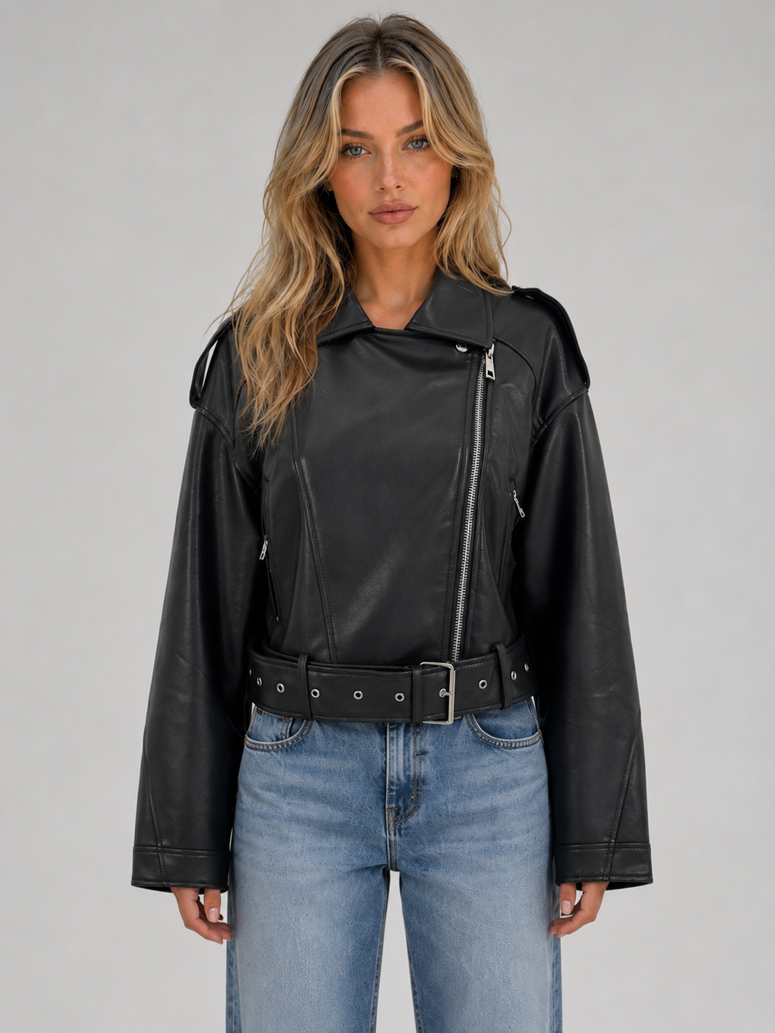 Leather Look Biker Jacket – Relaxed Fit Belted Moto Style