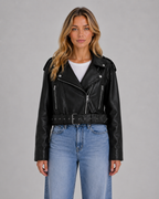 Leather Look Biker Jacket – Relaxed Fit Belted Moto Style