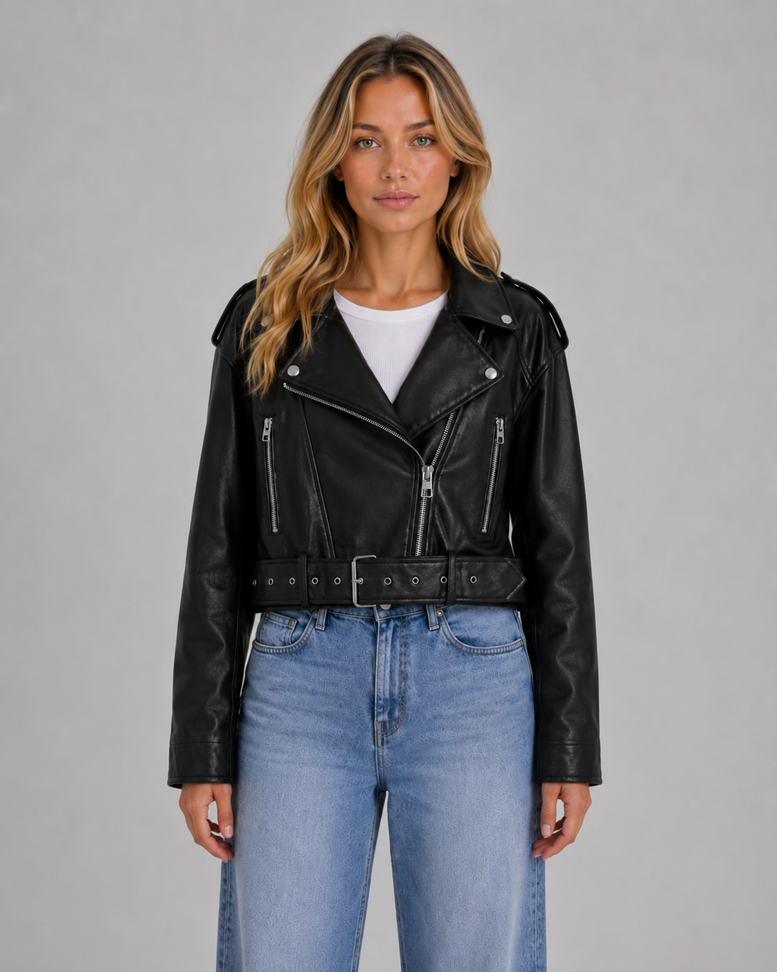 Leather Look Biker Jacket – Relaxed Fit Belted Moto Style