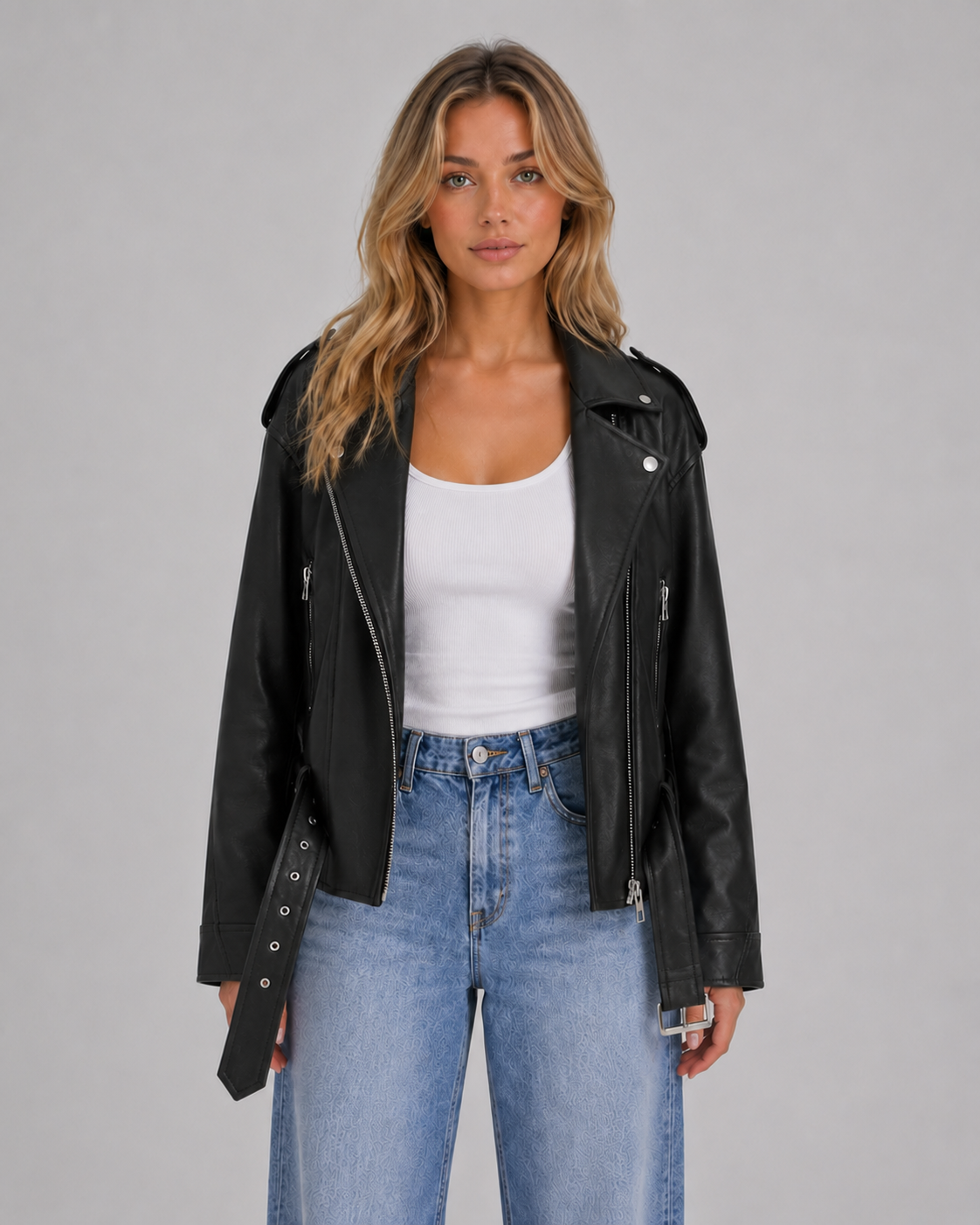 Leather Look Biker Jacket – Relaxed Fit Belted Moto Style
