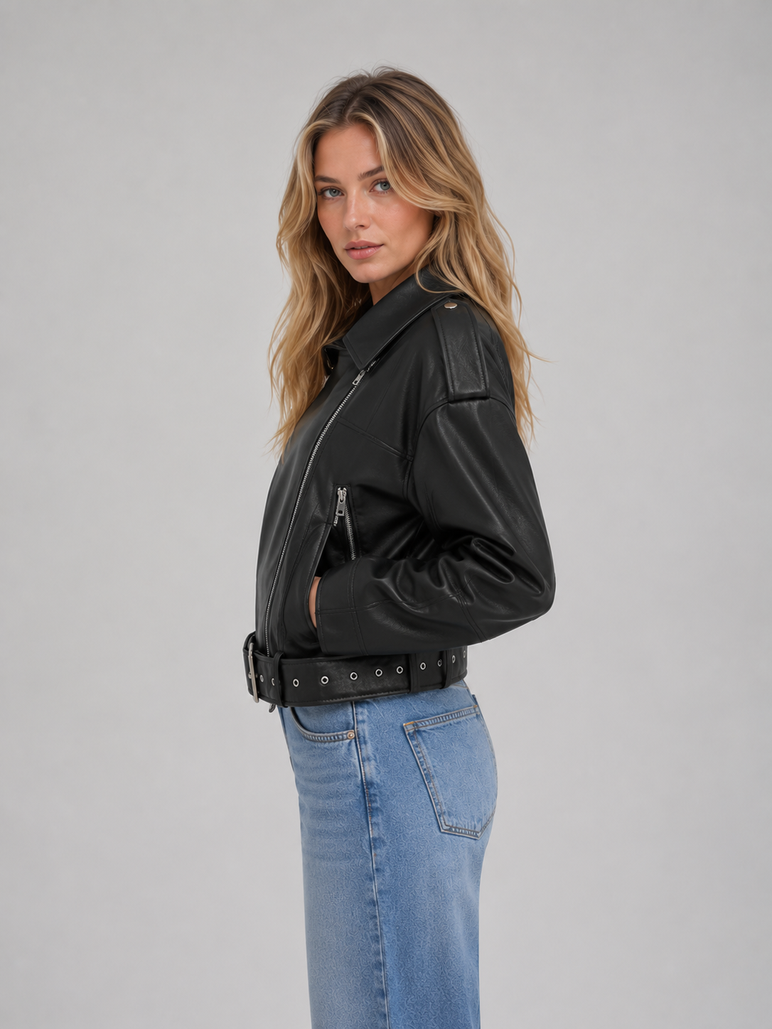 Leather Look Biker Jacket – Relaxed Fit Belted Moto Style