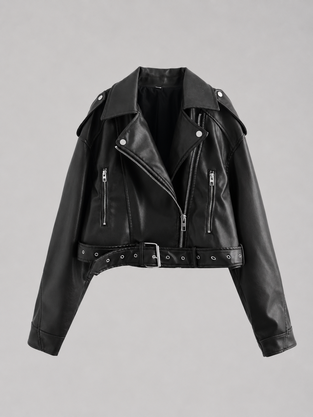 Leather Look Biker Jacket – Relaxed Fit Belted Moto Style